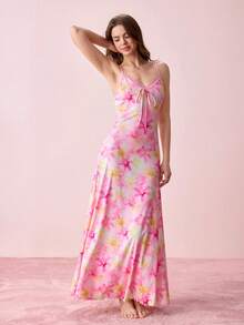 Bonmuse Vestito slip estivo da donna nuovo con stampa floreale ditsy pastello, design con schiena aperta e trafori in pizzo, colletto con fiocco, camicia da notte maxi in jacquard per uso esterno in estate - Rosa - Visualizzare 6