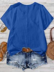 SHEIN LUNE CURVE Plus Size Women's Solid Color Contrast Lace Short Sleeve Casual Shirt - Royal Blue - View 2