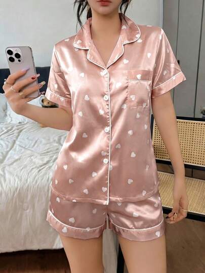 LuxeNights Imitation Silk Printed Heart Short Sleeve Top & Shorts Pajama Set