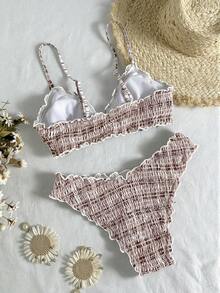 Swim Mod Women's Summer Beach Vacation Style Printed Ruffle Trim Shirred Two-Piece Bikini Set - Brown - View 4
