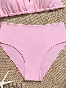 SHEIN Bộ bikini cho bé gái tuổi teen, đồ bơi hai mảnh màu hồng bằng vải dệt kim, kiểu tam giác, cổ yếm, thời trang thường ngày, thanh lịch cho bãi biển, hồ bơi, kỳ nghỉ hè. - Hồng - Xem 5
