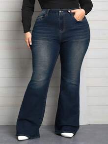 SHEIN CURVE+ Plus Size Women Pockets Casual Stretch Sexy Flare Jeans - Dark Wash - View 1