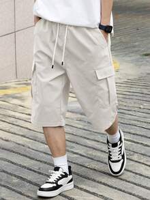Manfinity Hypemode Men's Solid Color Drawstring Waist Wide Leg Loose Multi-Pocket Work Shorts,Off-White,Summer,Casual,Streetwear,City Break Casual Shorts For Daily Wear - Apricot - View 4