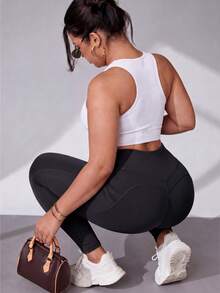 Slayform Slayform Plus Size High Waist Compression Leggings With Pockets, Reflective Dots, Butt Lifting Booty Lifting Pants Yoga Pants High Waist Compression Workout Tights - Black - View 3