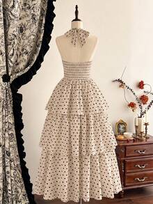 Vestido de mujer elegante y clásico vintage, vestido de lunares con cuello de halter ajustado y lazo para primavera/verano - Caqui - Ver 2