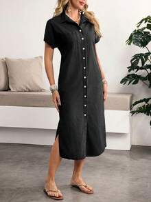 Breezaya Đầm denim dài xẻ cao dành cho nữ - màu đen - Xem 5