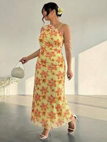 Firerie Plus Size Women's Elegant Yellow Summer Holiday Tea Party Floral Dress,Irregular Neck Ruched Sleeveless Sheer Minimalist Chic Bodycon Casual Dress - Multicolor - View 2