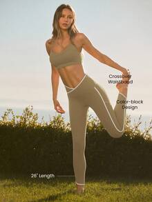 26'' FeatherFit™ Striped Waist Hem Leggings Low Impact Yoga Pilates Daily - Olive Green - View 2