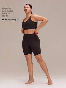 GLOWMODE 8" Plus Size FeatherFit™ All Day Sculpt Buttery-Soft High Rise Biker Shorts With Side Pockets Yoga Pilates Studio Daily Wear - Coffee Brown - View 8