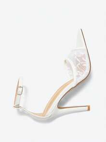 Women's White Lace Pointed Toe Sandals, Fashionable Versatile High Heel Back Strap Sandals For Women,Spring Summer Outfits - White - View 6