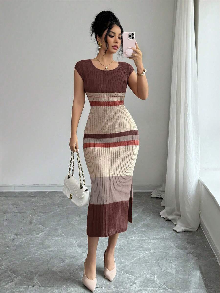 Elenzga Women's Spring/Summer New U-Neck Fitted Mid-Length Hem Slit Half Sleeve Elegant High-End Knit Dress, Striped Design, Versatile Lady Style - Multicolor - View 1