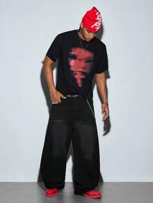 Modcrash Black T-Shirt With Red Graphic, Fashionable Short Sleeve Top For Summer - Red - View 1