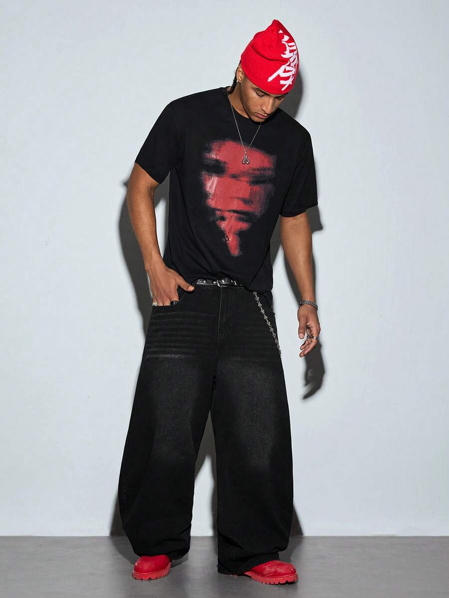 Modcrash Black T-Shirt With Red Graphic, Fashionable Short Sleeve Top For Summer - Red - View 1