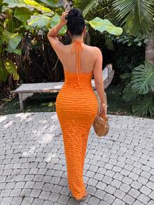 SHEIN SXY Women's Orange Summer 70's Holiday Night Out Club Party Disco Holiday Solid Color Frill Trim Halter Backless Beach Birthday Dress Vacation Outfits - Orange - View 2