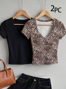 SHEIN EZwear 女士休闲纯色豹纹T恤，夏季 - 彩色 - 查看 10