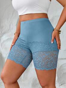 Elenzga Quần legging nữ cỡ lớn phong cách tối giản thường ngày, quần ngắn bó sát phối ren dệt kim tương phản, chất liệu mềm mại, thoải mái, thân thiện với da. - Màu xanh bụi bặm - Xem 4