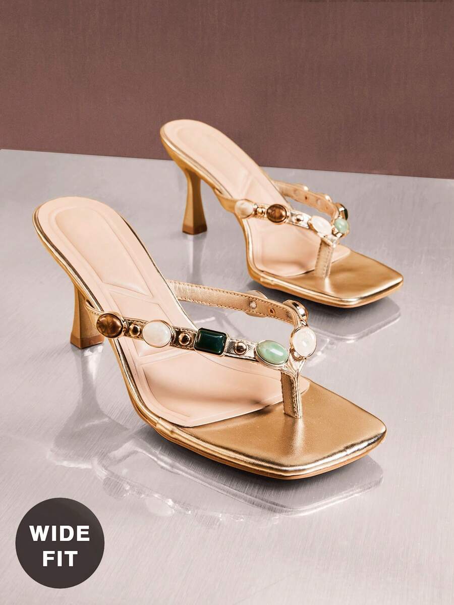 SHUZIA Women's Wide-Fit Fashion Comfy Gemstone Decor Square Toe Stiletto Heel Thong Sandals - Gold - View 1
