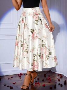 SHEIN Lady 女士优雅印花褶裥A字裙，适合春、夏、秋季穿着。 - 彩色 - 查看 3