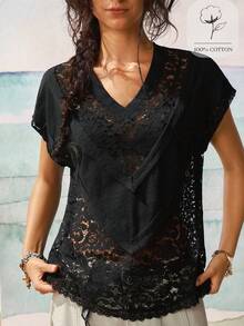 SoleilVie Blusa suelta y sexy con escote en V, encaje y parches transparentes en estilo bohemio y retro - Negro - Ver 4