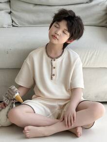 Dazy Kids 男童撞色圆领短袖上衣+休闲短裤套装，夏季居家服 - 米色 - 查看 8