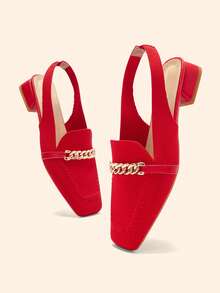 CUCCOO BASICS Women's Shoes Fashionable Red Metal Chain Decoration Back Strap Square Toe Low Heel Shoes Suitable For Commuting Dating Vacation Party Party And Other Occasions To Wear - Red 1 - View 7