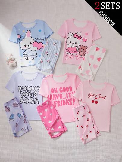 5 Conjuntos de pijamas ajustados y lindos para niñas adolescentes, incluye estampados de dibujos animados como cereza, conejo, corazón, donut, en colores principales: rosa, azul, lila claro, de tela de poliéster suave y ligera, de manga corta y pantalón corto, adecuado para el uso diario de las niñas