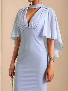 SHEIN Veneréa Elegant V-Neck Pleated Design Chiffon Long Dress, Blue - Blue - View 3