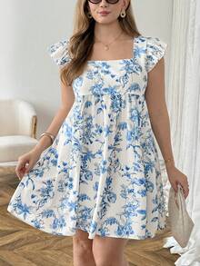 SHEIN LUNE Plus Size Summer Women's Blue Floral Print Ruffle Hem Mini Dress,Boho White Sundress For Beach,Holiday,Bachelorette Party,Tea Party, Easter Dress - Blue and White - View 4