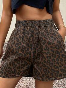 Livesso Quần short denim nữ mùa hè họa tiết da báo, cạp chun. - màu nâu - Xem 2
