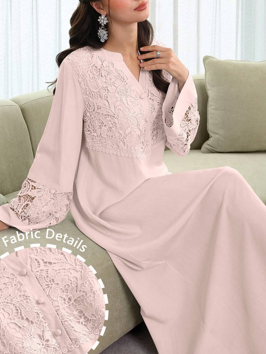 Al Najma V领喇叭袖拼接3D刺绣花卉饰边长袍,春夏款 - 粉色 - 查看 1