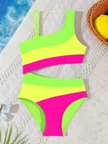 SHEIN Playful Pals Baby Girls' Two Pieces Swimsuit Summer Holiday Fluorescent Color Block Striped One Shoulder Bathing Suit High Elastic Breathable Skin Friendly Gear - Multicolor - View 1