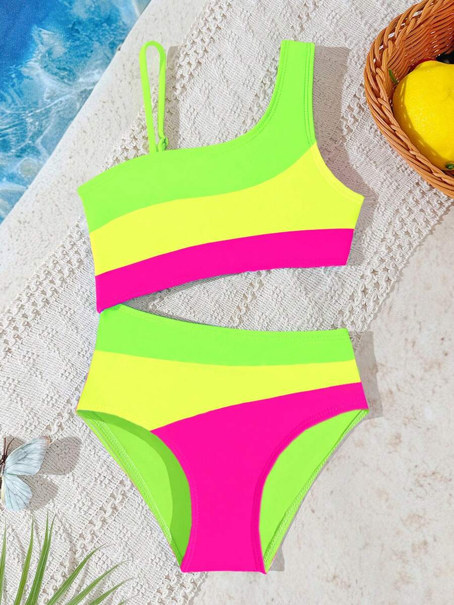SHEIN Playful Pals Baby Girls' Two Pieces Swimsuit Summer Holiday Fluorescent Color Block Striped One Shoulder Bathing Suit High Elastic Breathable Skin Friendly Gear - Multicolor - View 1