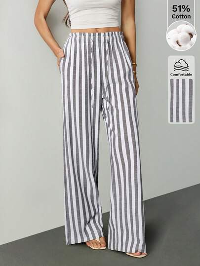 SHEIN Tall Quần ống rộng dệt sọc đen trắng dành cho nữ, quần đi biển mùa xuân/hè, quần sọc cho nữ, quần hè, quần ống rộng mùa hè, quần ống rộng cho nữ, quần ống rộng sọc.