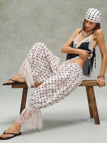 Bohemela Conjunto de primavera/verano bohemio: Pantalones holgados de estilo bohemio, casual y de vacaciones para mujer, con estampado de lunares y parches de tejido. Ideal para vacaciones en la playa, conciertos con estilo occidental/country, festivales de música y fiestas. Adecuado para looks de vacaciones en la playa, uso diario, vuelta al colegio, salidas y fiestas. También es genial para looks inspirados en los años 2000, estilo Y2K y atuendos de vacaciones de verano. - Albaricoque - Ver 2