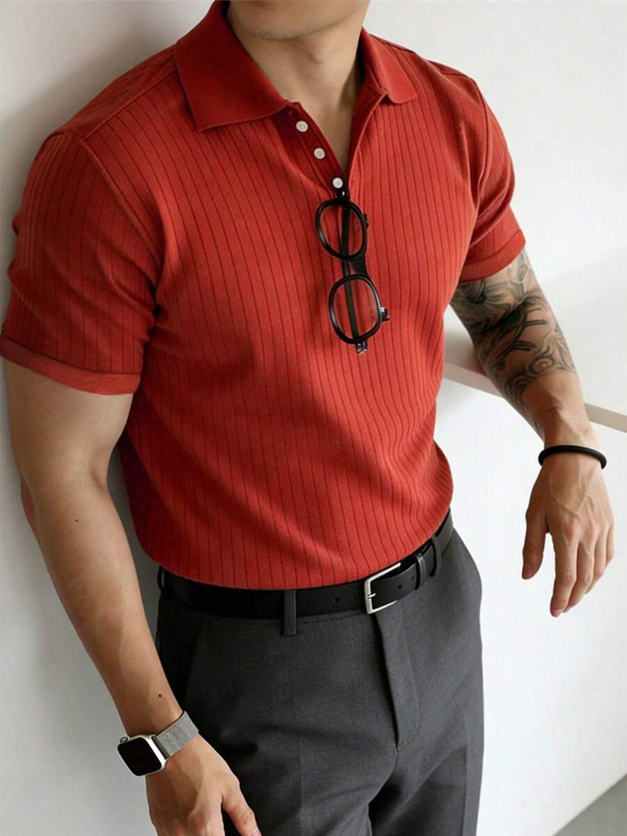 Manfinity Homme Chemise polo décontractée à manches courtes de couleur unie pour hommes - Orange - Voir 1