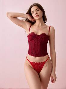Bonmuse 1件蕾丝文胸性感露脐上衣，女士夜店派对上衣，带扣 - 酒紅色 - 查看 6