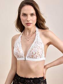 Hourtrue 2pcs Women's Solid Color Sexy Lace Halter Brafor Summerfor Summer - Black and White - View 11
