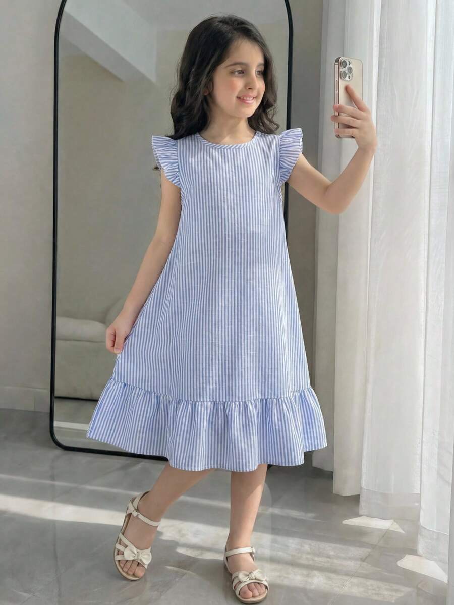 SHEIN Đầm chữ A đuôi cá sọc xanh dương cho bé gái, kiểu dáng thường ngày, thời trang, đa năng, phù hợp cho tiệc tùng, dã ngoại, chụp ảnh cùng chị em, công viên, cắm trại, kỳ nghỉ, thư giãn hàng ngày. - Màu xanh lam - Xem 1