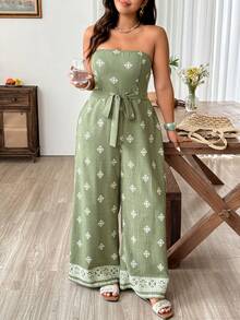 SHEIN LUNE CURVE Combinaison élégante et décontractée pour grandes tailles en tissu texturé à faux motif brodé, convient pour les sorties, les vacances, la plage - Vert - Voir 7