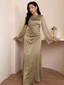 Veilorie Women's Solid Color Round Neck Flare Sleeve Pleated Design Elegant Dress - Khaki - View 5