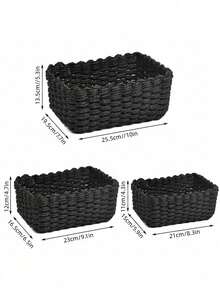 1 pieza Set de 3 cestas tejidas a mano de paja marina con diseño geométrico bohemio para organización del hogar, baño, dormitorio, sala de estar, escritorio, estilo costero - Negro - Ver 8