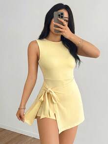 SHEIN EZwear Bộ áo liền quần không tay tối giản màu trơn dành cho nữ, thích hợp mặc hàng ngày, màu mơ. - Màu be - Xem 4
