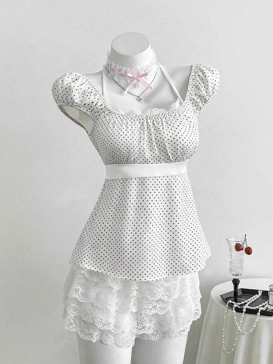 Elamini 法式浪漫海滩度假春夏甜美波点露背短袖双层荷叶边下摆女式粉色衬衫 - 杏色 - 查看 1