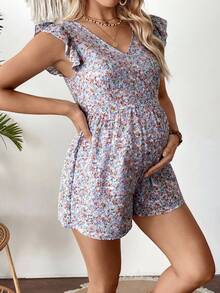 SHEIN 孕妇碎花拼接荷叶边露背系带连体衣 - 藍色 - 查看 3