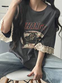DAZY 青少年女孩字母與摩托車圖案休閒百搭日常穿著夏季T恤 - 灰色 - 查看 6