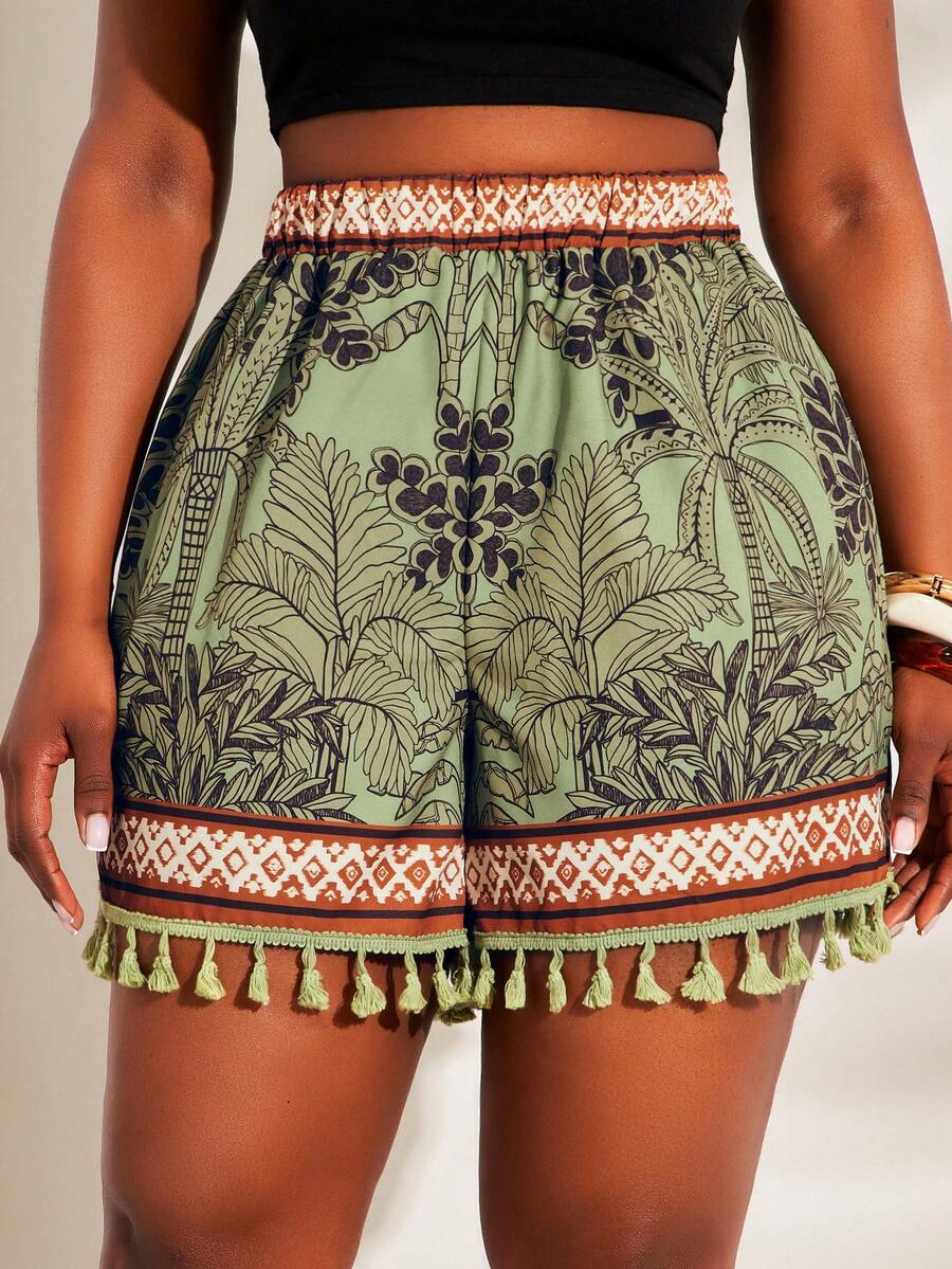SHEIN SXY Große Größen Grüne Urlaub-Stil bedruckte lockere Shorts mit elastischem Bund und Quasten-Verzierungen, Urlaub Bohemian, leicht zu kombinieren, schmeichelt der Figur