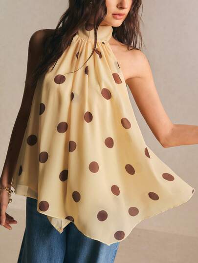 Poéselle Blusa de verano vintage sin mangas con pliegues y estampado de lunares para mujer