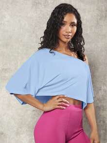 VARSIVA Women's Casual Solid Color Asymmetrical Neck Cropped Sports T-Shirt, Summer - Baby Blue - View 3