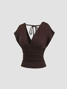 Sweetra Women's New Fashion Versatile Knit V-Neck T-Shirt, Waist Drawstring, Front & Back V-Neck, Shoulder Sleeve Design - Brown - View 3