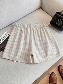 SHEIN Franclia Quần short nữ kẻ sọc bằng vải lanh, kiểu dáng thường ngày, đa năng, thời trang mới. - Màu be - Xem 2